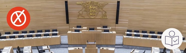 Der Landtag von Baden-Württemberg. Das Bild zeigt den leeren Plenarsaal. Im Plenarsaal diskutieren die Politiker. Dazu das SWR Logo für Leichte Sprache.