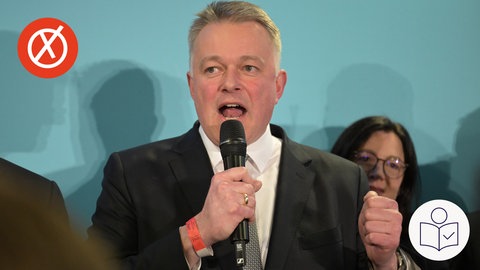 Spitzen·kandidat von der CDU in Rheinland-Pfalz Gordon Schnieder. Schnieder hat ein Mikrofon in der Hand. Die andere Hand hat er zu einer Faust geballt. Die CDU hat die meisten Stimmen bei der Landtags·wahl in Rheinland-Pfalz bekommen. Links das Wahl·logo - ein weißes Kreuz in rotem Kreis. Rechts das SWR Logo für Leichte Sprache.