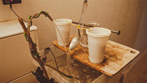 Kunstinstallation mit Plastikbechern und Löffel