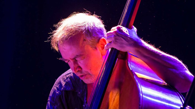 Kontrabassist spielt sein Instrument bei der NOWJazz-Session in der Sporthalle der Gewerbeschulen