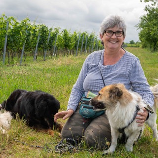 Ute, ältere Dame, sitzt mit ihren Hunden in den Weinbergen