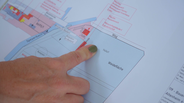 Ein Finger zeigt auf einen Bebauungsplan mit der Beschriftung Weidefläche.