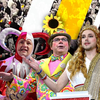 70 Jahre Mainz bleibt Mainz: im Hintergrund schwarz-weiss-Foto von Zuschauern im Saal , vorne: Till, Moguntia und Ernst Lustig