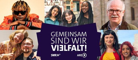 Collage zum Diversitäts-Tag, Mann mit Sonnenbrille und Dreadlocks (Foto privat), junge Frau und junger Mann in Umarmung (Foto privat), drei junge Frauen (@migra_toechter), Mann mit Schnurrbart, zwei Frauen