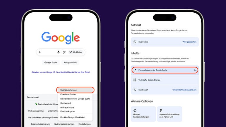 Screenshot Einstellungen zur Personalisierung der Suche bei Google