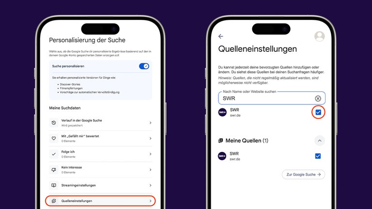 Screenshot: Bevorzugte Quellen