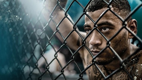 MMA-Kämpfer Piter blickt durch den Zaun des Kampfkäfigs