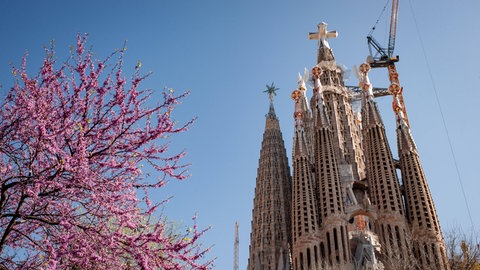 Die Passionsfassade der Sagrada Familia in Barcelona ragt empor, gekrönt vom Kreuz des Turms Jesu Christi.