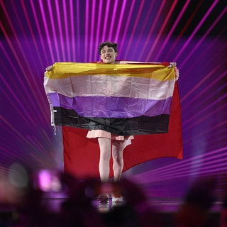ESC-Gewinner*in Nemo hält die Non-Binary-Flagge ins Publikum (2024)