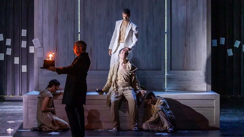 Jean-Baptist Mouret, Michael Burow-Geier, David Pichlmaier, Markus Francke, Statsterie des Theaters Ulm in "Le petit pauvre d'Assise" am Theater Ulm