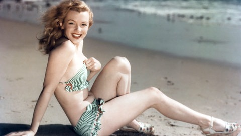 Ihre Karriere beginnt Norma Jean Baker, damals noch brünett, als Fotomodell: Eine junge Frau mit schulterlangem Haar sitzt in grün-weiß gestreiftem Bikini am Strand. Das Meer ist im Hintergrund zu sehen. Das Bild ist in leichtem Sepia-Ton. Die junge weiße Frau trägt Sandaletten mit hohem Absatz im Stil eines Pin-Ups. Sie stützt sich mit der rechten Hand im Sand ab und hält mit der linken Hand den oberen Rand ihres Bustiers fest. Sie lacht mit allen Zähnen in die Kamera.
