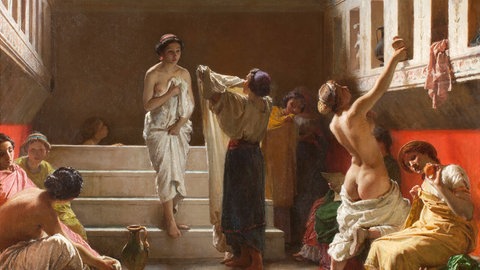 Illustration Badehaus in Pompeji. Vor 2.000 Jahren war der Besuch eines privaten Badehauses ein Luxus für Reiche.