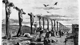 Spartacus und die anderen Sklaven wurden nach dem Aufstand 71 v. Chr. entlang der Via Appia gekreuzigt. Kupferstich aus dem 19. Jahrhundert.