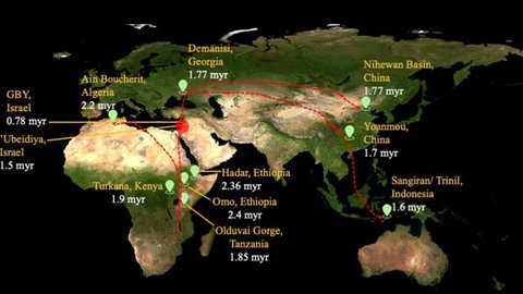Lage der archäologischen Fundstelle Gesher Benot Ya'aqov (GBY) auf der Wanderroute von Homo erectus heraus aus Afrika.
