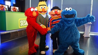 Hamburg, der 02.03.2020 Elmo, Bert, Ernie und das Krümelmonster bei der Briefmarken Vorstellung. Präsentation der neuen Sesamstraßen - Sonderbriefmarke in Hamburg.