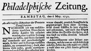 Philadelphische Zeitung 6.5.1732 Publizistik: Zeitung  USA. - Titelseite der ersten Ausgabe der ersten deutschsprachigen Zeitung in den USA