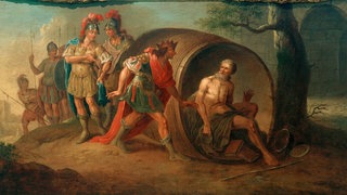Alexander und Diogenes (Diogenes in der Tonne, von Alexander d. Gr. besucht;  Geh mir aus der Sonne!"). - Gemälde, 2.Hälfte 18.Jh., von Januarius Zick (vor 1735  17971812). Öl auf Leinwand.  Museum Simeonstift Trier. Archivfoto.