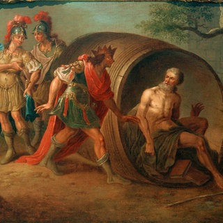 Alexander und Diogenes (Diogenes in der Tonne, von Alexander d. Gr. besucht;  Geh mir aus der Sonne!"). - Gemälde, 2.Hälfte 18.Jh., von Januarius Zick (vor 1735  17971812). Öl auf Leinwand.  Museum Simeonstift Trier. Archivfoto.
