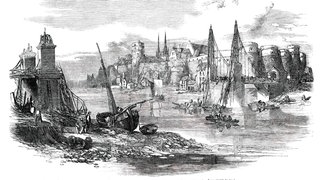 Überreste der Hängebrücke in Angers nach dem jüngsten Unfall, 1850.