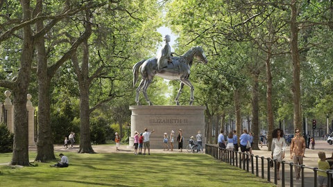 Eine künstlerische Darstellung des Denkmals für Königin Elizabeth II. zu Pferde im St. James's Park in London, gestaltet vom renommierten Architekten Norman Foster.