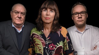 Christiane Falk, Thomas Fischer (links) und Holger Schmidt blicken vor einem dunklen Hintergrund direkt in die Kamera