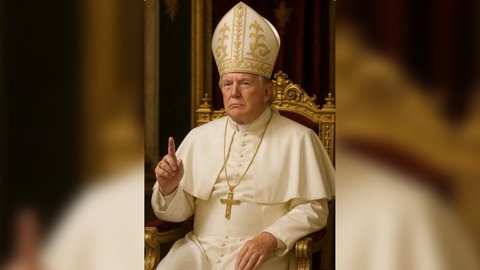 KI-generiertes Bild von Donald Trump als Papst, im weißen Ornat und Mitra, sitzend, den Zeigefinger erhoben