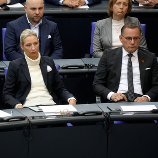 Bernd Baumann, Alice Weidel und Tino Chrupalla bei der Gedenkstunde im Bundestag zum 80. Jahrestag des Endes des Zweiten Weltkrieges.