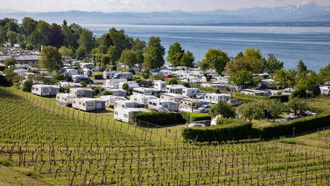Campingwagen stehen in Hagnau am Bodenseeufer