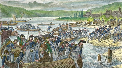 Ein colorierter Holzstich zeigt, wie die Franzosen in den 1790er Jahren den Rhein überschreiten.