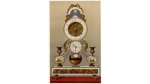 Eine Doppeluhr mit Dezimaluhr und gewöhnlicher Uhr, im Hintergrund eine Frau mit Jakobinermütze