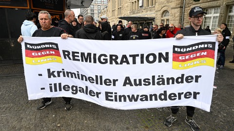 Versammung von Neonazis, mit einen Banner der Aufschrift: "Bündnis gegen Links. Remigration. Krimineller Ausländer. Illegaler Einwanderer"