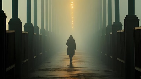 Silhouette einer Person in einer schummrigen Straßenbeleuchtung