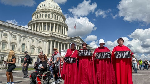 Frauen, gekleidet in die roten Umhänge und weißen Hauben aus The Handmaid’s Tale, werben im Kongress in Washington dafür, dass die Epstein-Akten freigegeben werden.