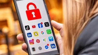 Fotomontage: Schülerin mit Handy auf dessen Display Social Media-Apps und ein rotes Schloss zu sehen sind.