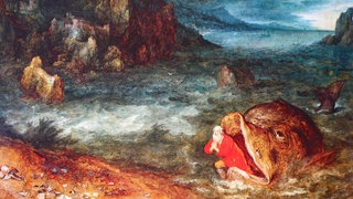 Jona wird vom Wal an Land gebracht, nach drei Tagen und Nächten spuckt der Wal Jonas zurück aufs Land, Gemälde von Jan Bruegel der Ältere (1568-1625)