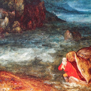 Jona wird vom Wal an Land gebracht, nach drei Tagen und Nächten spuckt der Wal Jonas zurück aufs Land, Gemälde von Jan Bruegel der Ältere (1568-1625)