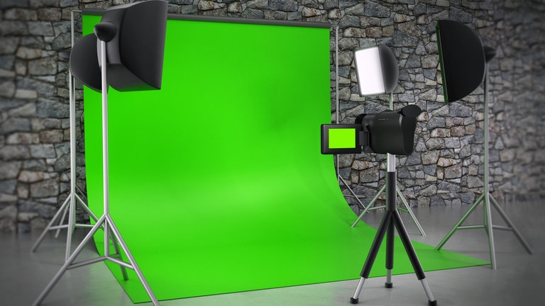 Photography equipments with green screen backdrop curtain. 3D illustration