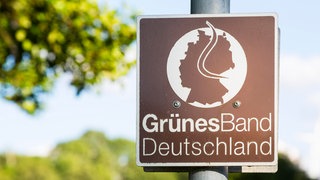 Schild Grünes Band Deutschland in Mödlareuth, Thüringen, Bayern, Deutschland, Europa. Archivfoto.