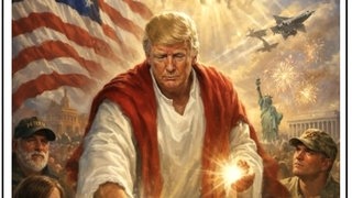 KI-Generiertes Bild zeigt Donald Trump als Christus-gleiche Figur, die ihre leuchtenden Hände einem Kranken auflegt, umgeben von devoten Vertreter*innen aus Militär, Care-Arbeit und Bevölkerung. Im Hintergrund Adler, Freiheitsstatue, die US-Flagge und engelsgleich dargestellte Soldat*innen.