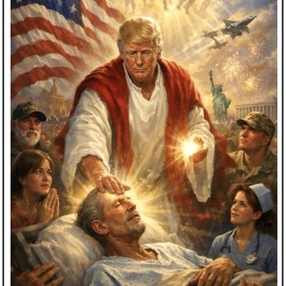 KI-Generiertes Bild zeigt Donald Trump als Christus-gleiche Figur, die ihre leuchtenden Hände einem Kranken auflegt, umgeben von devoten Vertreter*innen aus Militär, Care-Arbeit und Bevölkerung. Im Hintergrund Adler, Freiheitsstatue, die US-Flagge und engelsgleich dargestellte Soldat*innen.