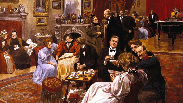 Gesellschaftliches Leben  Salon. Empfangstag. Holzstich, um 1890, nach Zeichnung von Paul Hey (1867-1952). Spätere Kolorierung. 