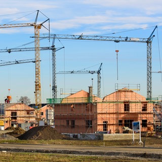 In einem Neubaugebiet stehen viele Baukräne vor Wohnhäusern im Rohbau, als Symbolbild für Wohnbau und Wohnungspolitik