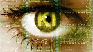 Auge einer Frau mit Binärcode und dem Schriftzug KI.