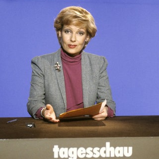 Dagmar Berghoff am 27. Januar 1984 in der Kulisse der Tagesschau (ARD).