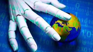 FOTOMONTAGE: Roboterhand greift nach der Erde hinter Binärcode.