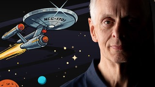 Collage Brandhorst, Raumschiff und 3 Planeten mit Sternen auf schwarzem Hintergrund