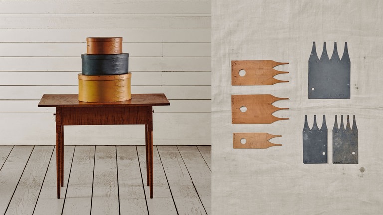 Verschiedene Spanschachteln und Holzschnittmuster