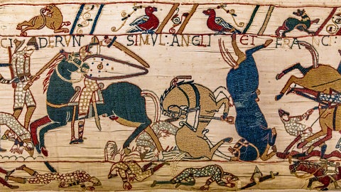 Detailaufnahme der Stickereien des Wandteppichs von Bayeux.