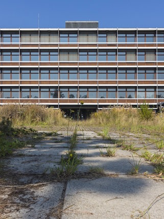 Eiermann-Campus in Stuttgart-Vaihingen. Die Außenanlagen sind komplett überwuchert.