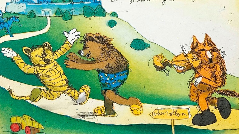 Radierung von Janosch zur Ausstellung in Balingen: Hohenzollern („Nicht weit von Württemberg und Baden… 